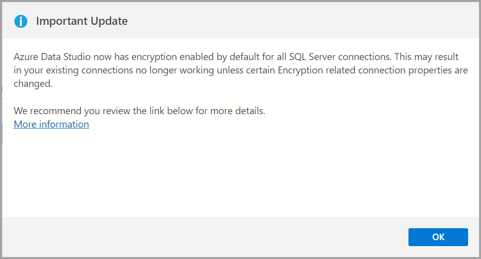 Cuplikan layar pesan pembaruan penting setelah memutakhirkan Azure Data Studio.