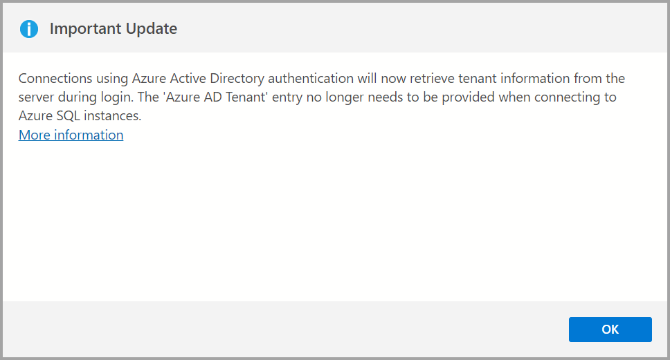 Cuplikan layar pesan tentang penghapusan kotak daftar penyewa setelah memutakhirkan Azure Data Studio.