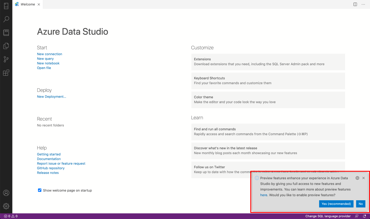 Cuplikan layar pemberitahuan pop-up pratinjau pada peluncuran pertama.
