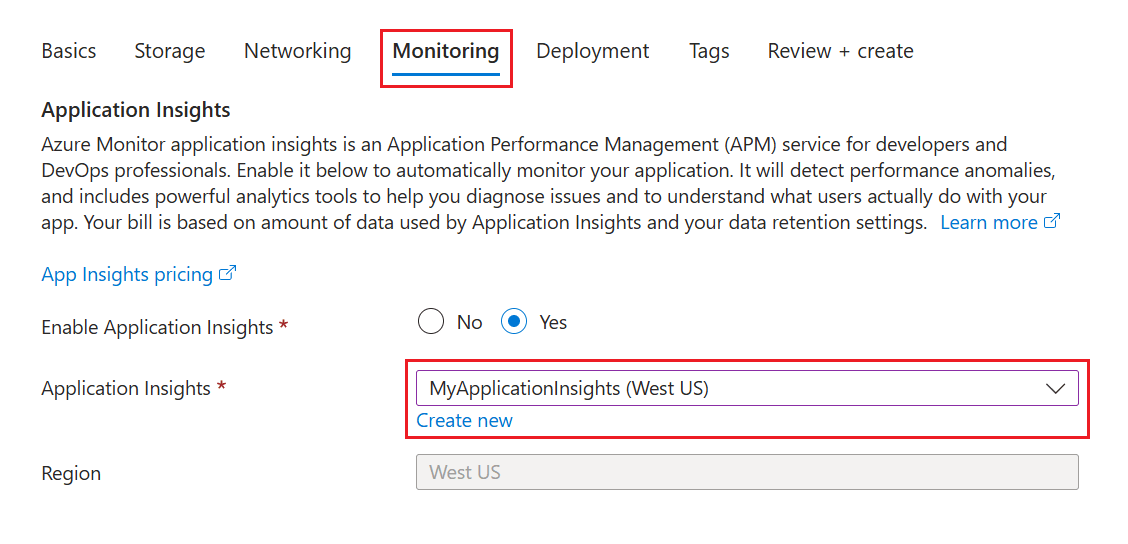 Cuplikan layar memperlihatkan memilih sumber daya Application Insights yang ada di tab Pemantauan.