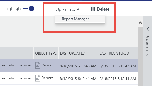 Membuka tabel SQL Server di Excel dari petak peta aset data dalam tampilan daftar dengan memilih tab Buka Di.