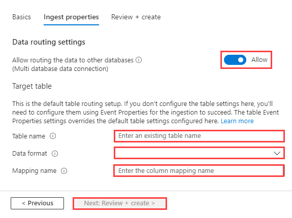 Cuplikan layar tab properti Penyerapan Koneksi Data, memperlihatkan properti tabel target.