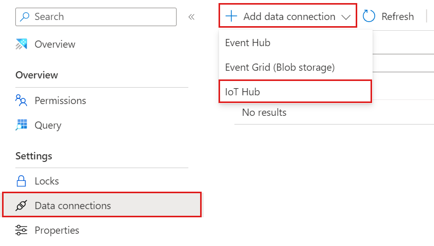 Cuplikan layar UI Web Azure Data Explorer, memperlihatkan jendela Penyerapan Data dengan tab Tambahkan koneksi data dipilih.