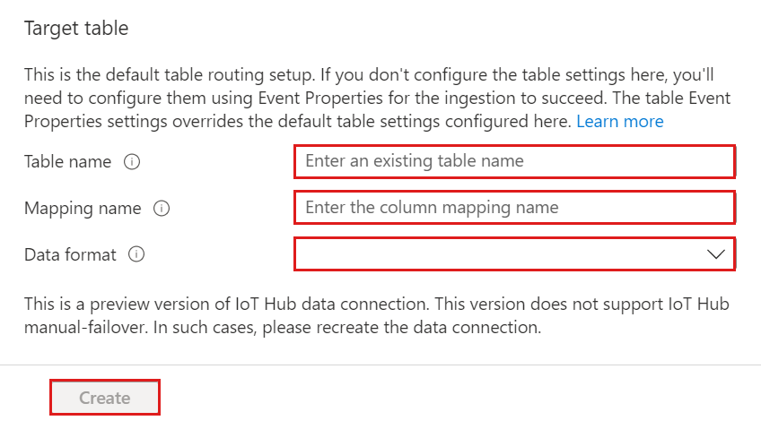 Tangkap layar UI Web Azure Data Explorer, memperlihatkan pengaturan perutean default dalam formulir Tabel Target.