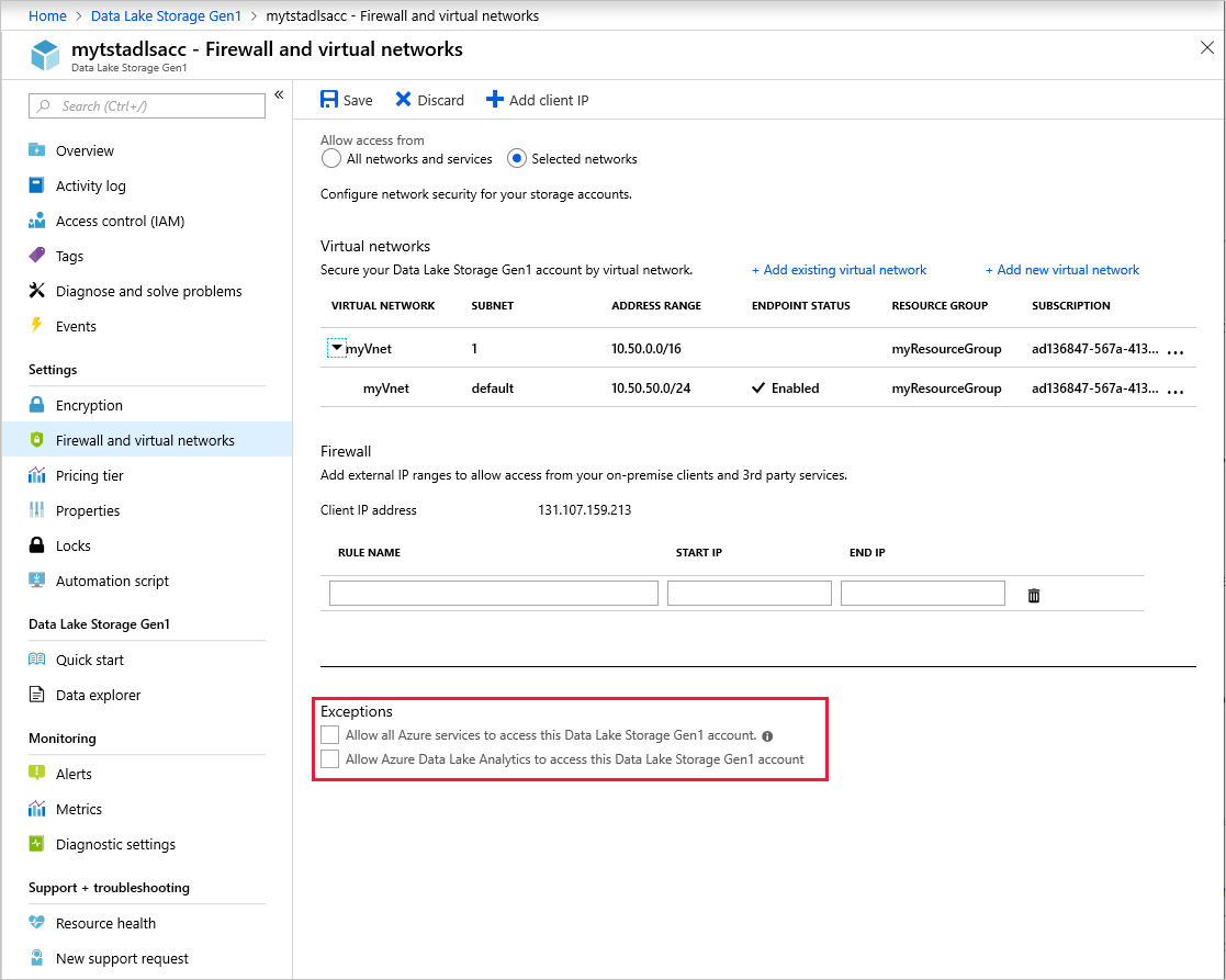 Pengecualian firewall dan jaringan virtual