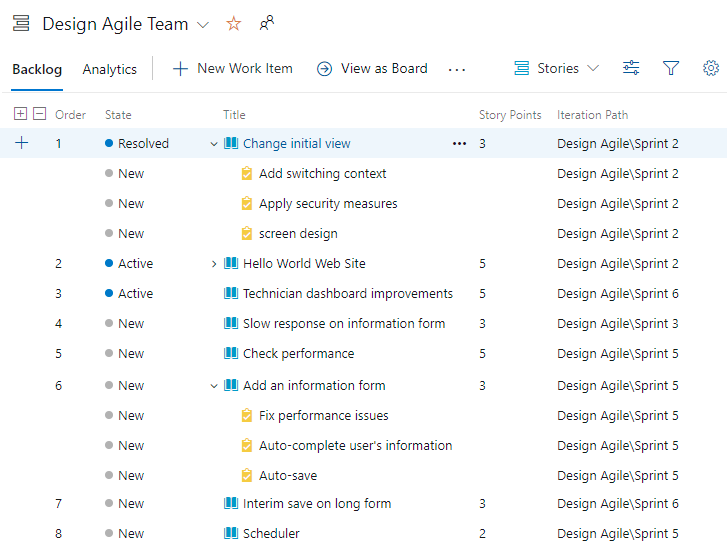 Screenshot of Azure Boards, Product Backlog