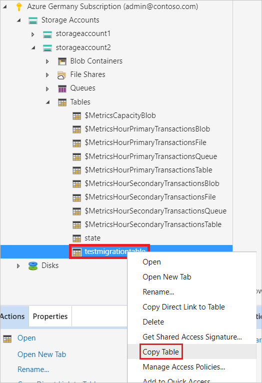 Menu salin tabel yang dipilih dari langganan Azure Jerman