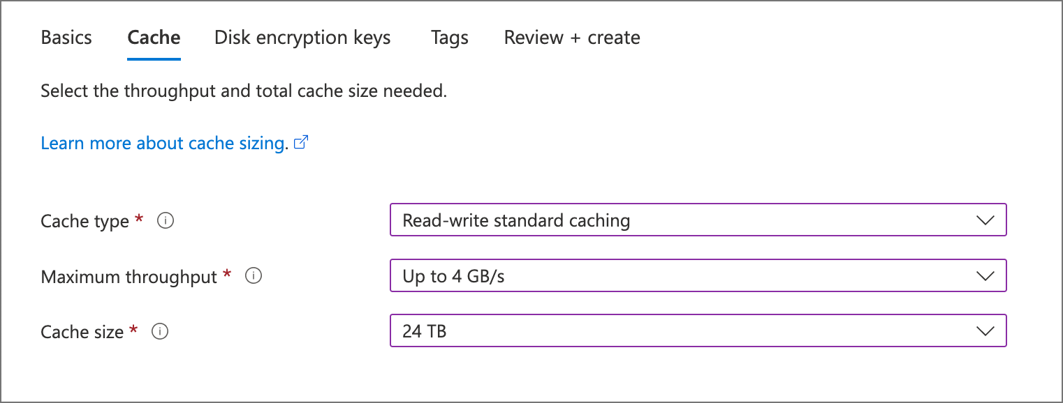 Screenshot dari tab cache di wizard pembuat portal Azure. Ada kontrol untuk memilih jenis cache, throughput maksimum, dan ukuran cache.