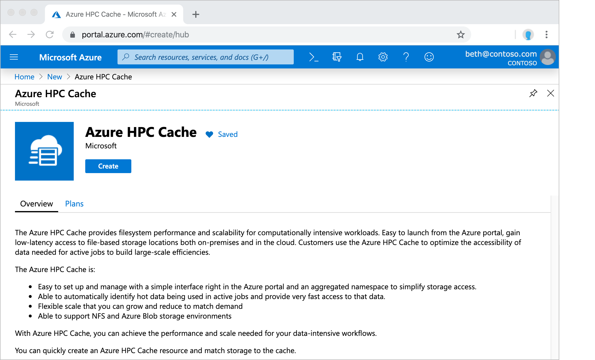 Cuplikan layar gambaran umum cache di portal Microsoft Azure, dengan tombol buat di bagian bawah