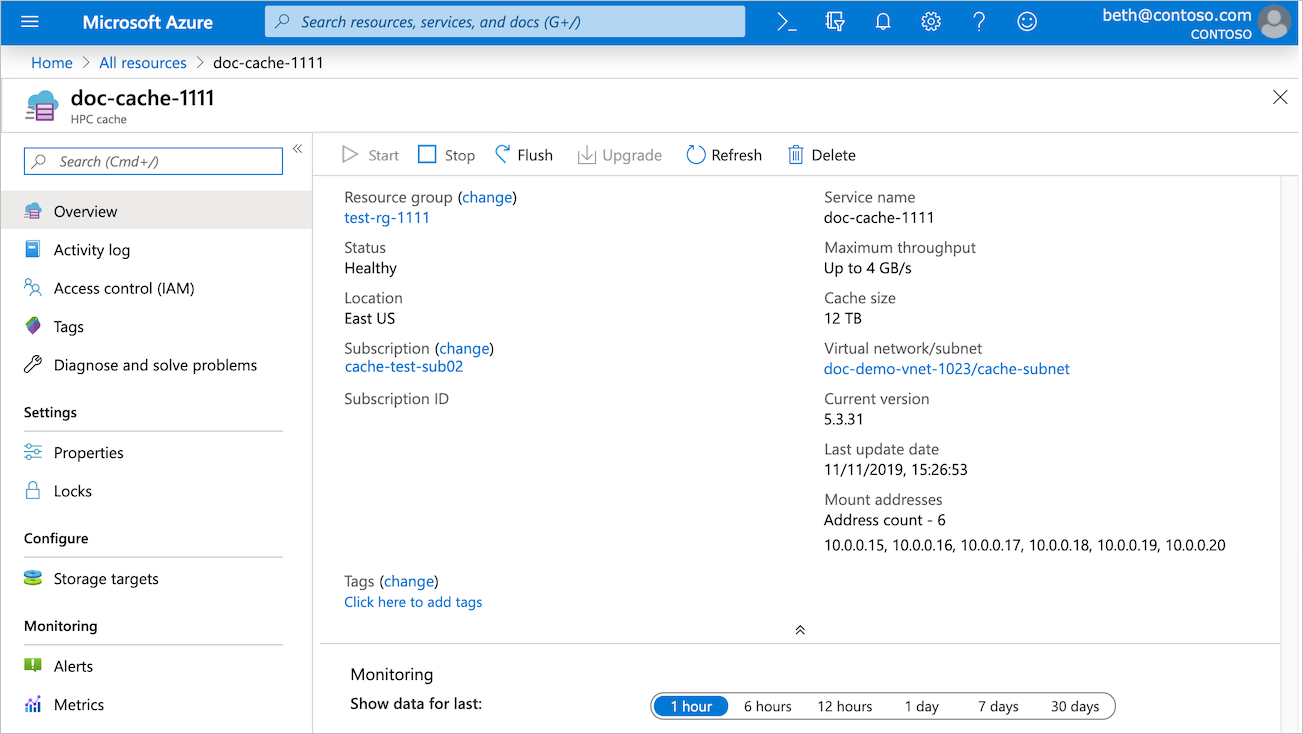 tangkapan layar instans Azure HPC Cache di portal Microsoft Azure