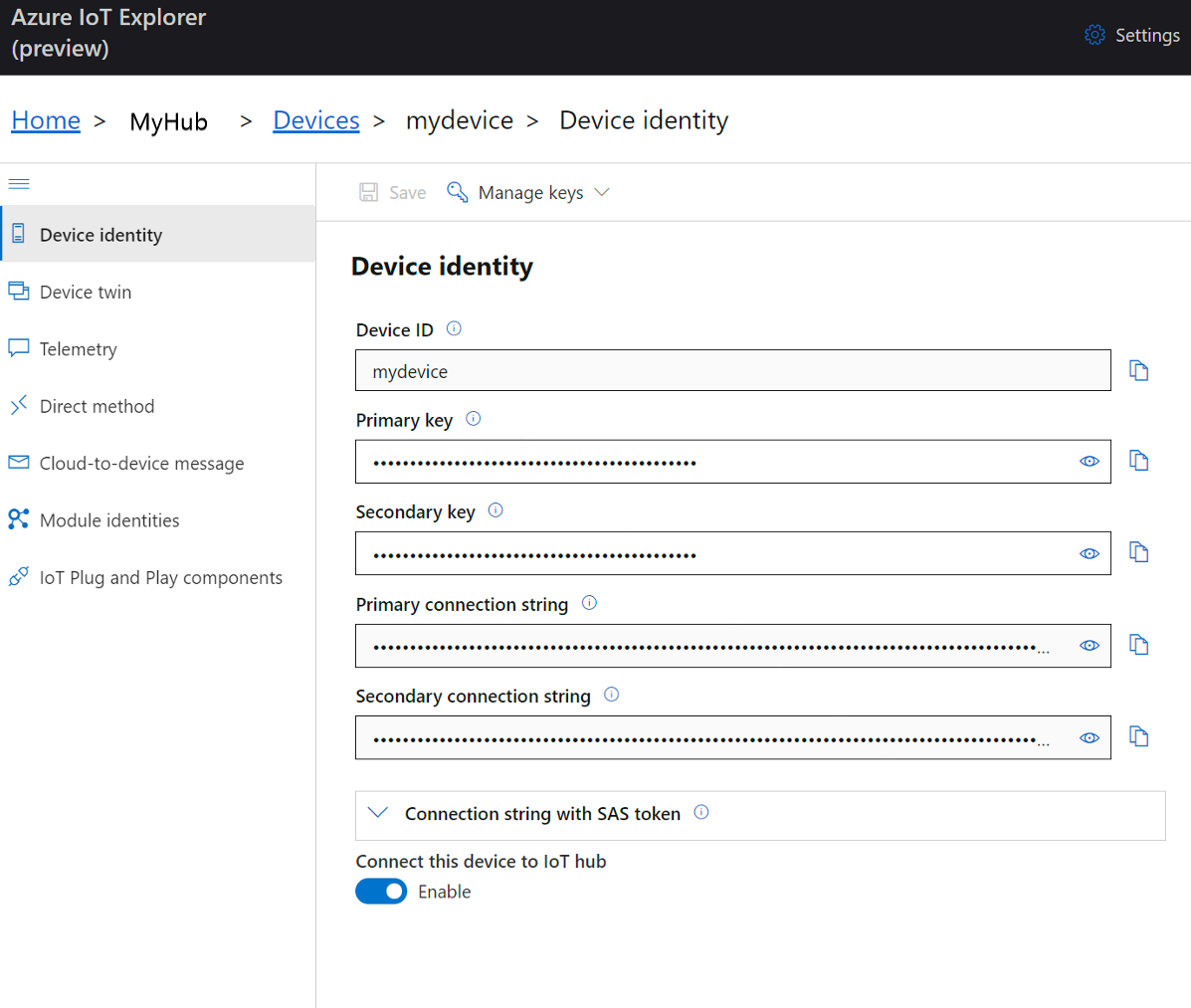 Cuplikan layar identitas perangkat Azure IoT Explorer.