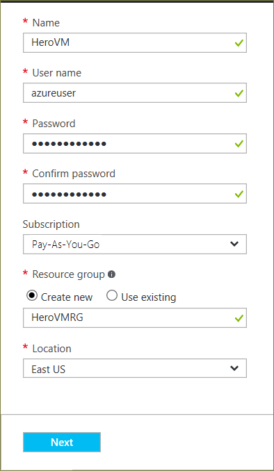 Cuplikan layar yang memperlihatkan pengaturan pada bilah Dasar untuk mengonfigurasi Azure VM