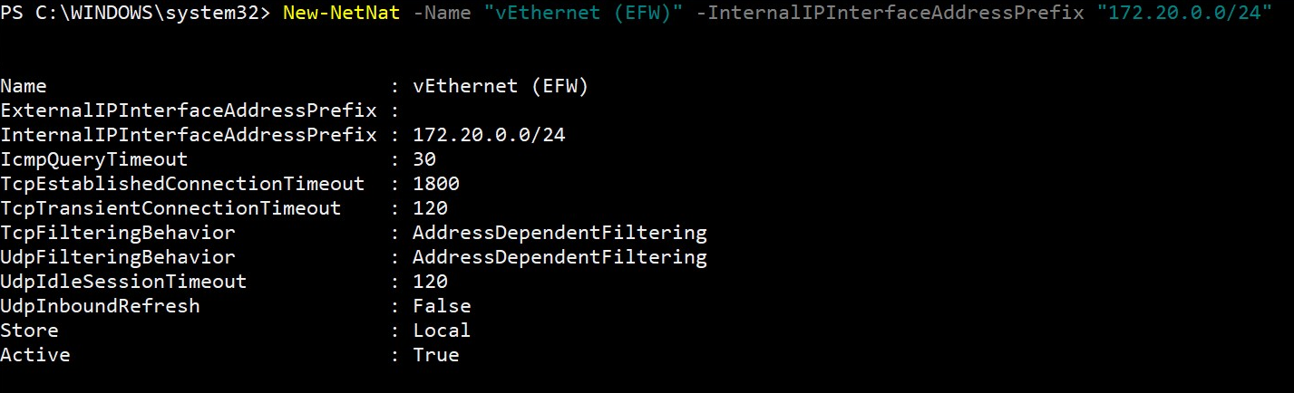 Cuplikan layar output dari menjalankan perintah New-NetNat.