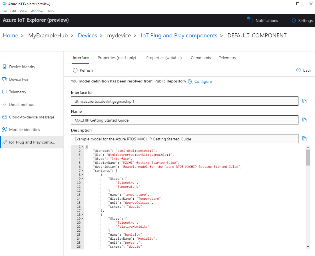 Cuplikan layar komponen default MXCHIP DevKit di IoT Explorer
