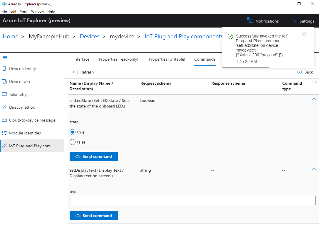 Cuplikan layar memanggil metode setLedState di IoT Explorer