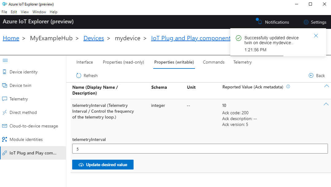 Cuplikan layar pengaturan interval telemetri pada MXCHIP DevKit di IoT Explorer