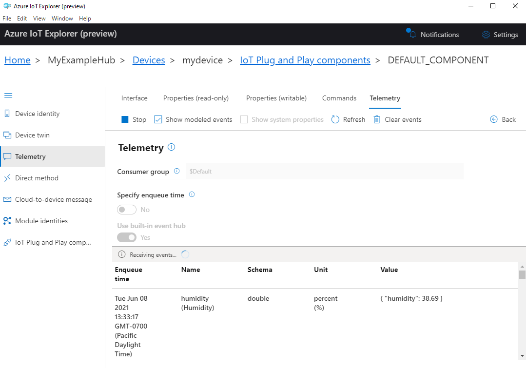 Cuplikan layar peristiwa telemetri bermodel di IoT Explorer