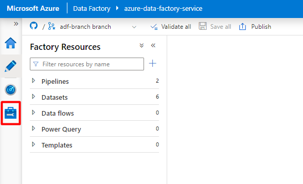 Cuplikan layar memperlihatkan cara memilih ikon Kelola di Azure Data Factory untuk menautkan layanan.