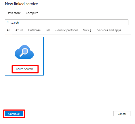 Cuplikan layar memperlihatkan cara memilih Pencarian Tertaut Baru di Azure Data Factory untuk diimpor dari Snowflake.