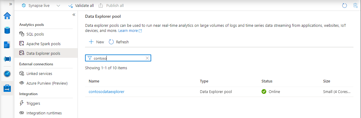 Daftar kumpulan baru Data Explorer di Synapse Studio