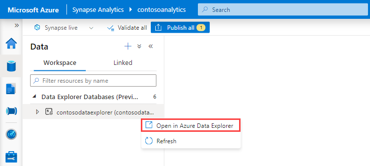 Cuplikan layar Azure Synapse Studio, menunjukkan pembukaan Azure Data Explorer dalam konteks kumpulan tertentu.