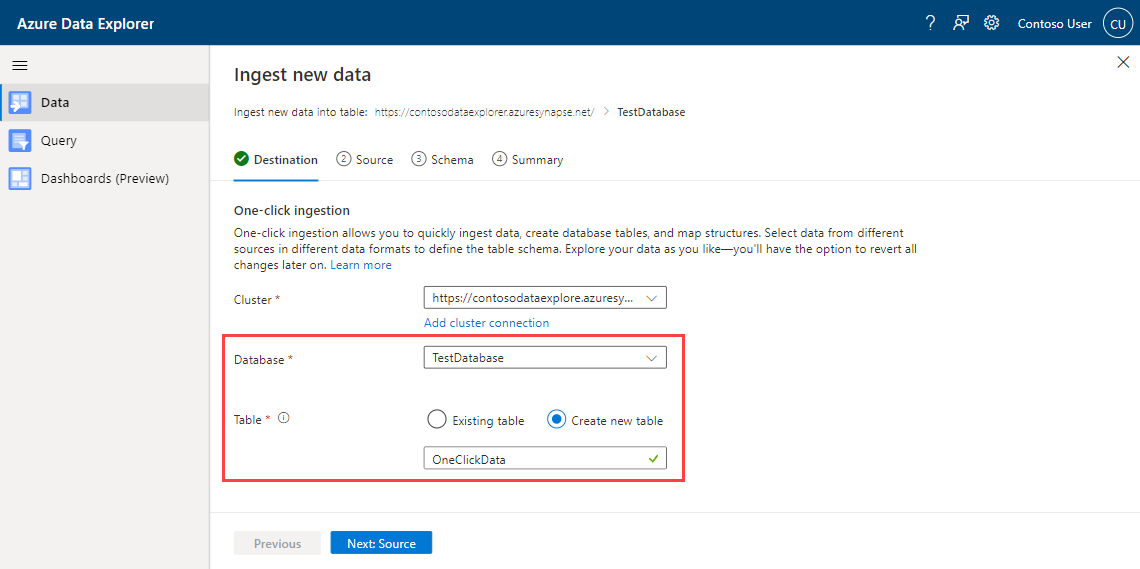 Tangkapan layar wizard pengambilan data sekali klik Azure Data Explorer, memperlihatkan pilihan database dan tabel.