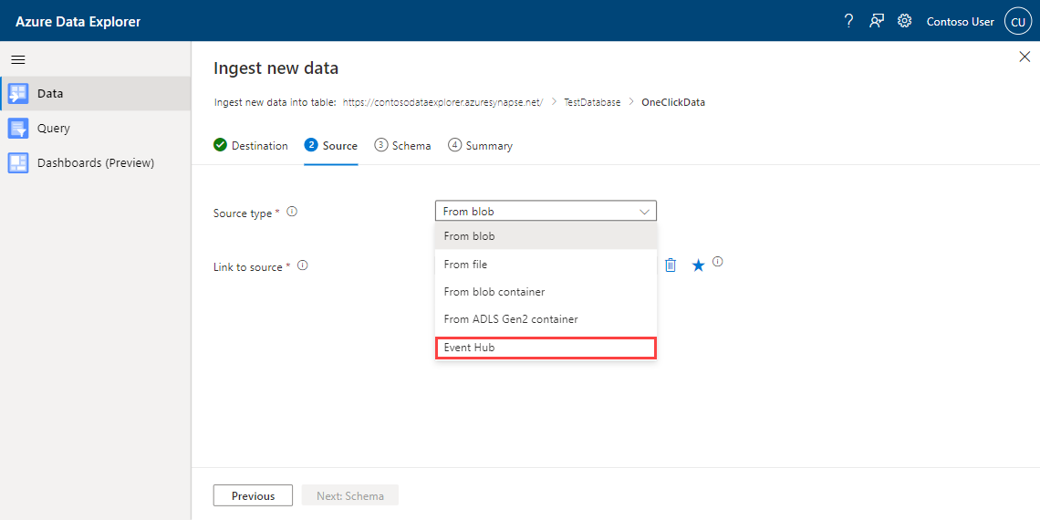 Cuplikan layar wizard penyerapan satu klik Azure Data Explorer, memperlihatkan pilihan jenis sumber.