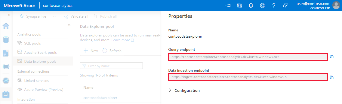 Cuplikan layar panel properti kumpulan Data Explorer, memperlihatkan alamat URI Kueri dan Penyerapan Data.