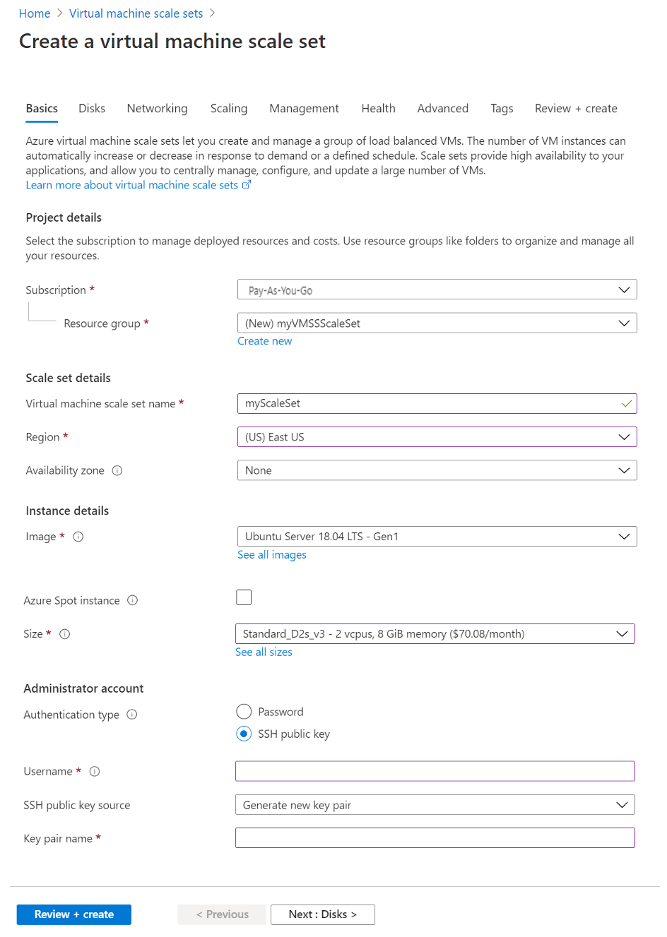 Gambar memperlihatkan opsi pembuatan untuk grup skala di portal Azure.