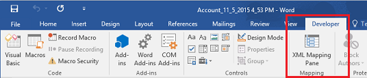 Pilih panel pemetaan XML dalam pita Word