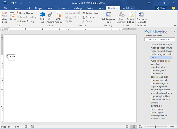 Bidang Dynamics 365 dimasukkan ke dalam template Word