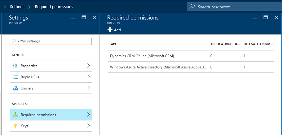 CRM permissions applied to application in Azure Active Directory