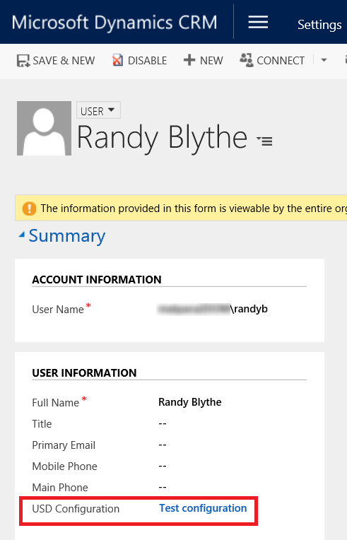 USD configuration assigned to a user