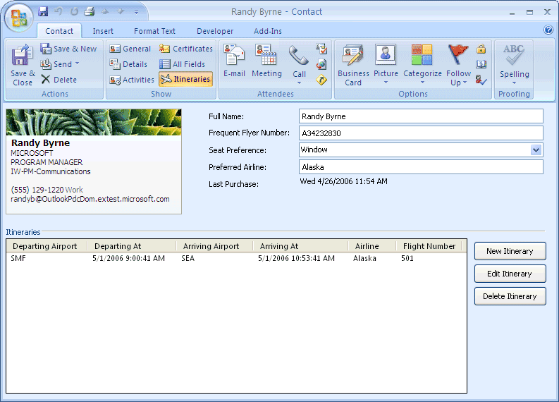 Separate form region displays travel itineraries