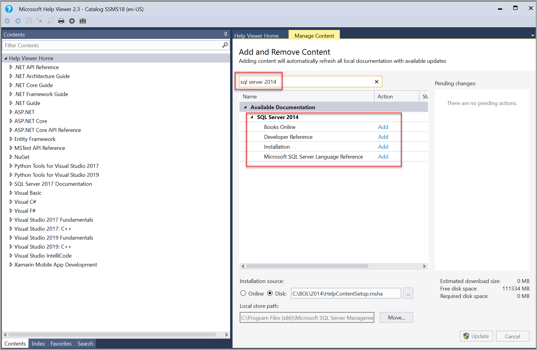 Pencarian buku SQL Server 2014 di Penampil Bantuan