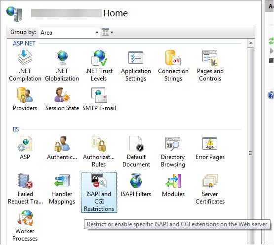 Screenshot that shows the I I S Manager with I S A P I and C G I Restrictions selected.