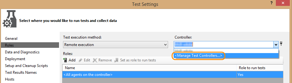 Open the test settings file, choose the Role tab