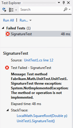 Unit Test Explorer showing one failed test