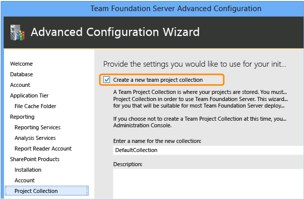 Create a new team project collection