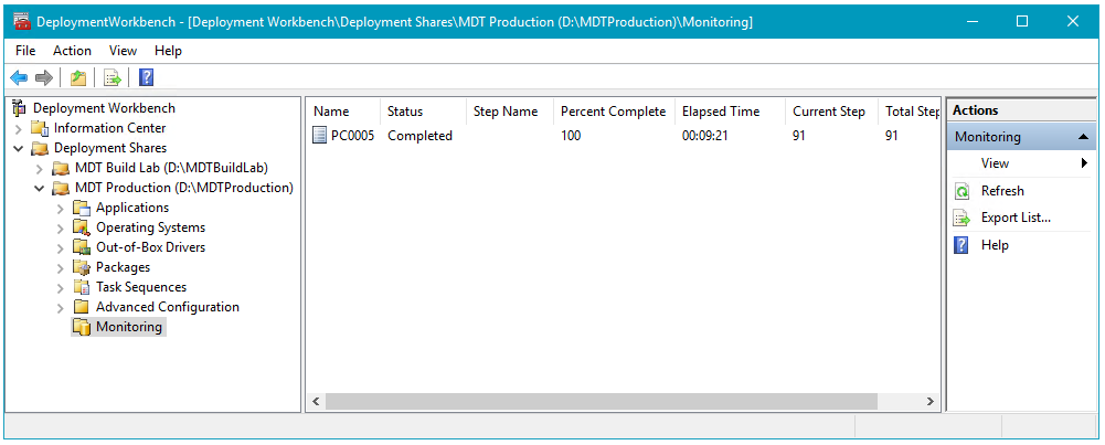 Screenshot of the Deployment Workbench with PC005 completed.