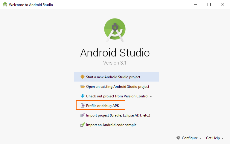 Memulai profiler dari layar peluncuran Android Studio