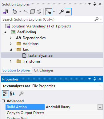 Mengatur tindakan build textanalyzer.aar ke AndroidLibrary