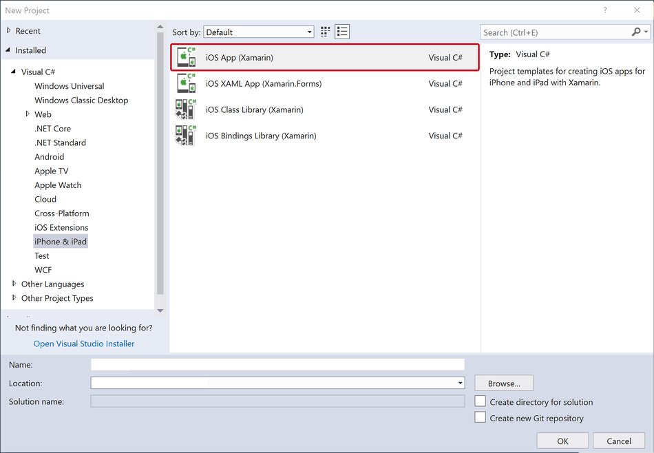 Jendela Proyek Baru, dengan Aplikasi iOS (Xamarin) dipilih