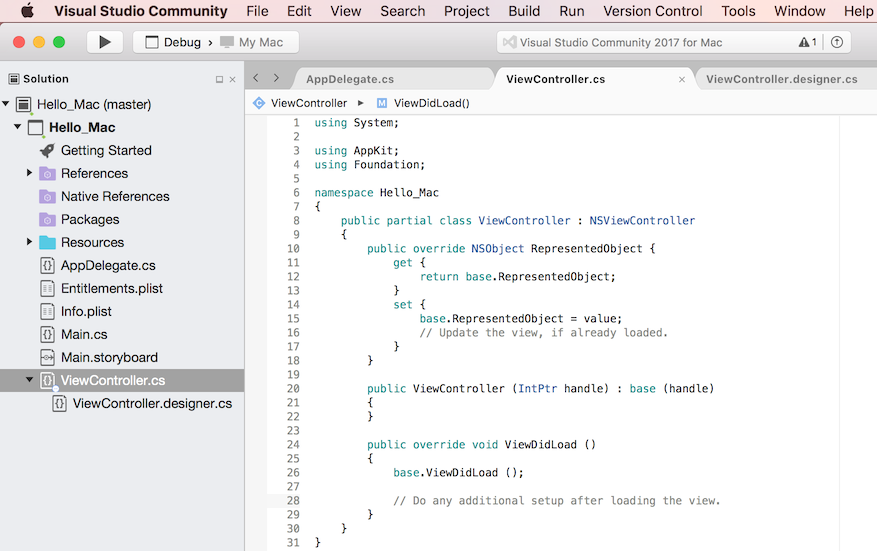 Menampilkan file ViewController.cs di Visual Studio untuk Mac