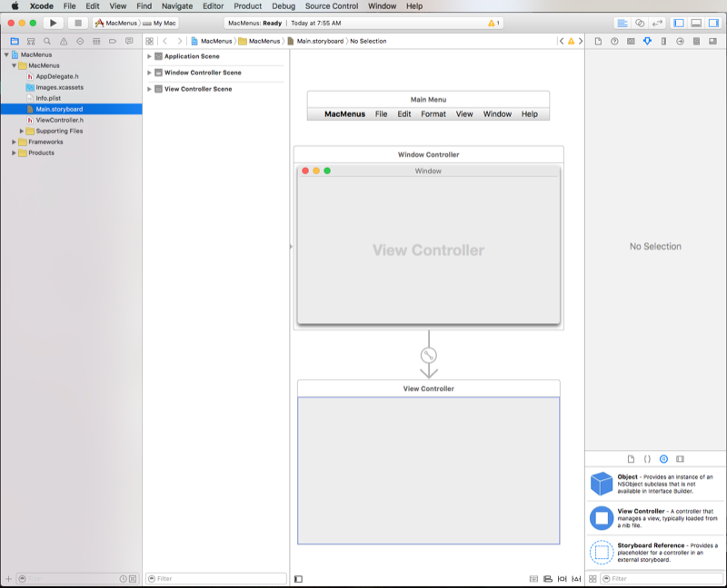 Mengedit UI di Xcode, memperlihatkan papan cerita Titik utama.