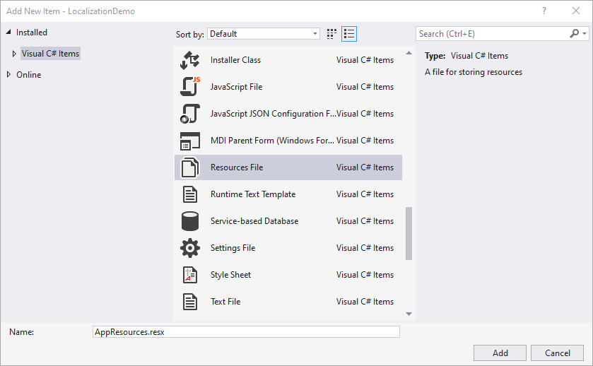 Menambahkan Sumber Daya baru di Visual Studio 2019