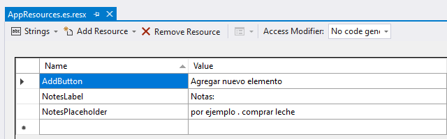 Tentukan sumber daya teks bahasa Spanyol default dalam file .resx