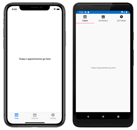 Cuplikan layar TabbedPage yang berisi tiga tab, di iOS dan Android
