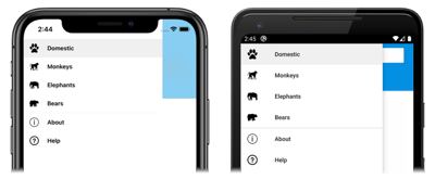 Cuplikan layar flyout yang berisi objek MenuItem, di iOS dan Android