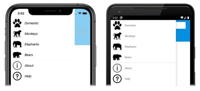 Cuplikan layar objek MenuItem templat, di iOS dan Android